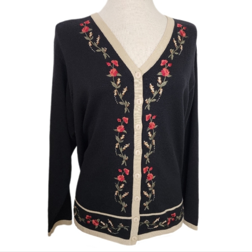 Dressbarn Cardigan Embroidered Floral Trim  Cotton Blend Black Size L